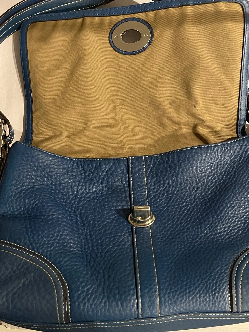 Coach Hamilton Flap F13957 Blue Pebbled Leather Crossbody Silver Turnlock